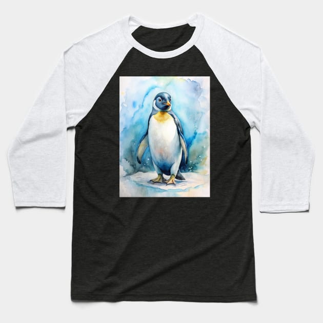 Adorable Penguin Animal Watercolor Painting Baseball T-Shirt by Art-Jiyuu